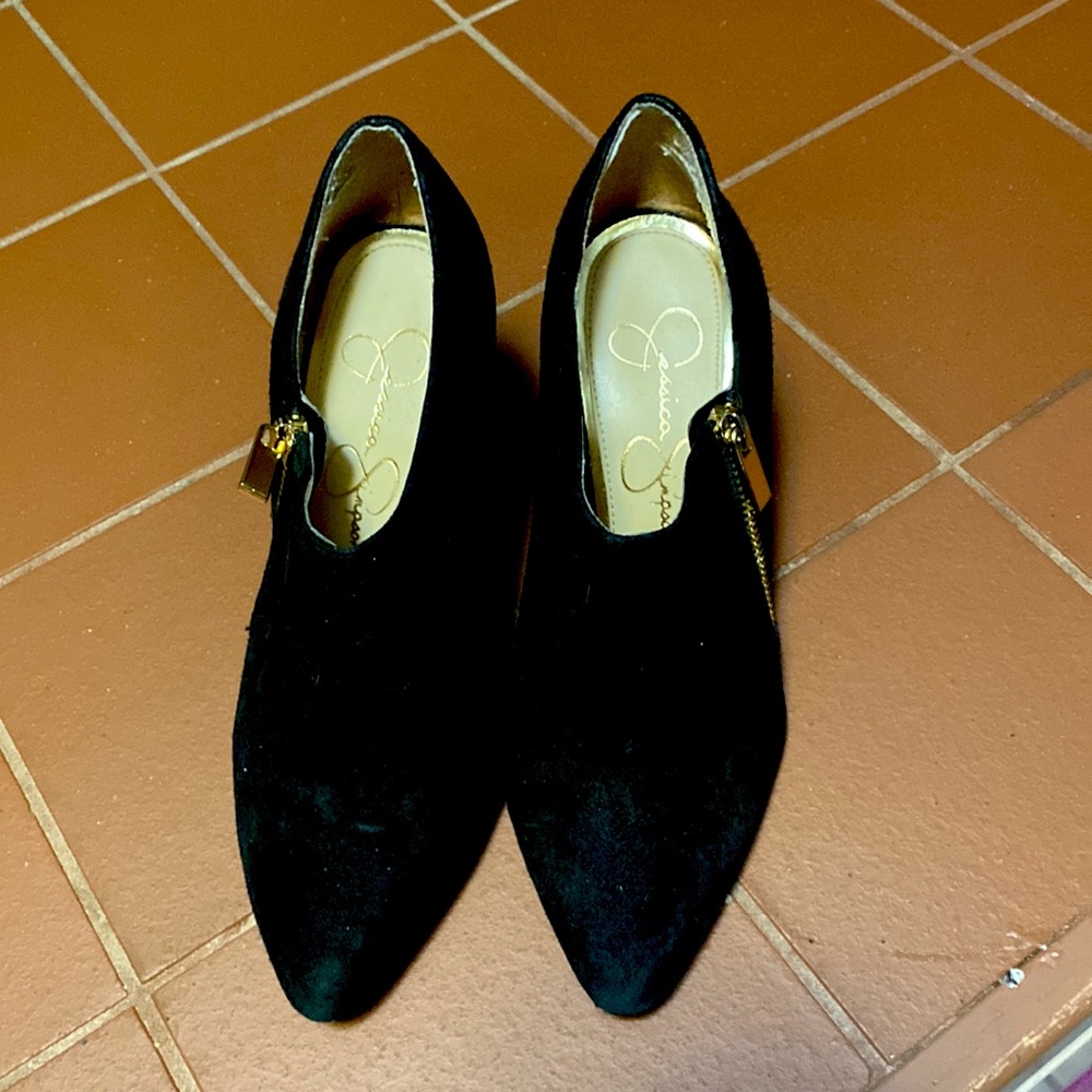 Jessica Simpson full suede black booties, 3.5 inch wedge heel.